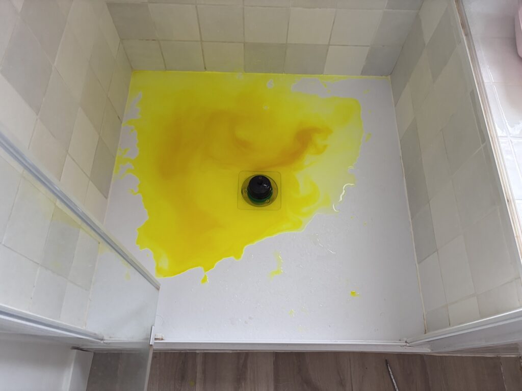 Teste d'une douche au colorant dans une échoppe à Begles